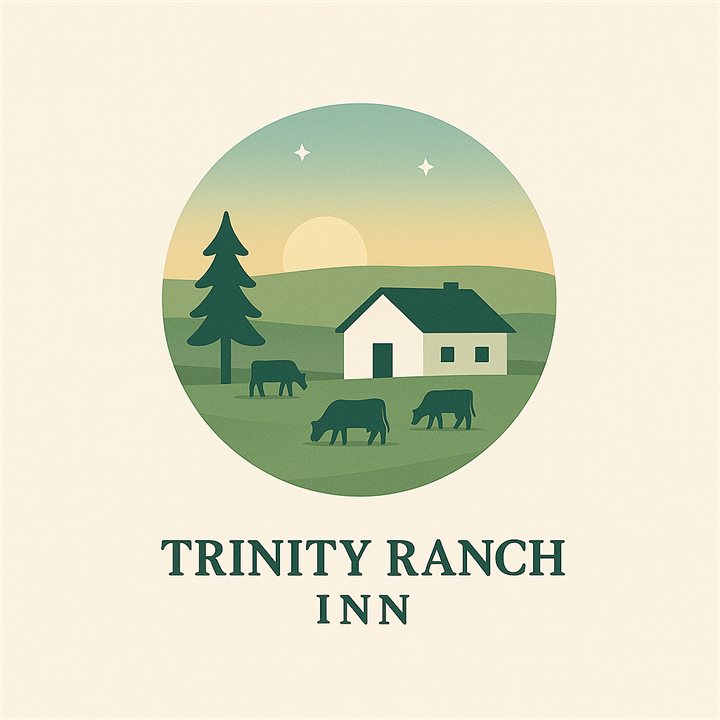 Trinity Ranch Inn — illustrated ranch scene with grazing cattle at sunrise